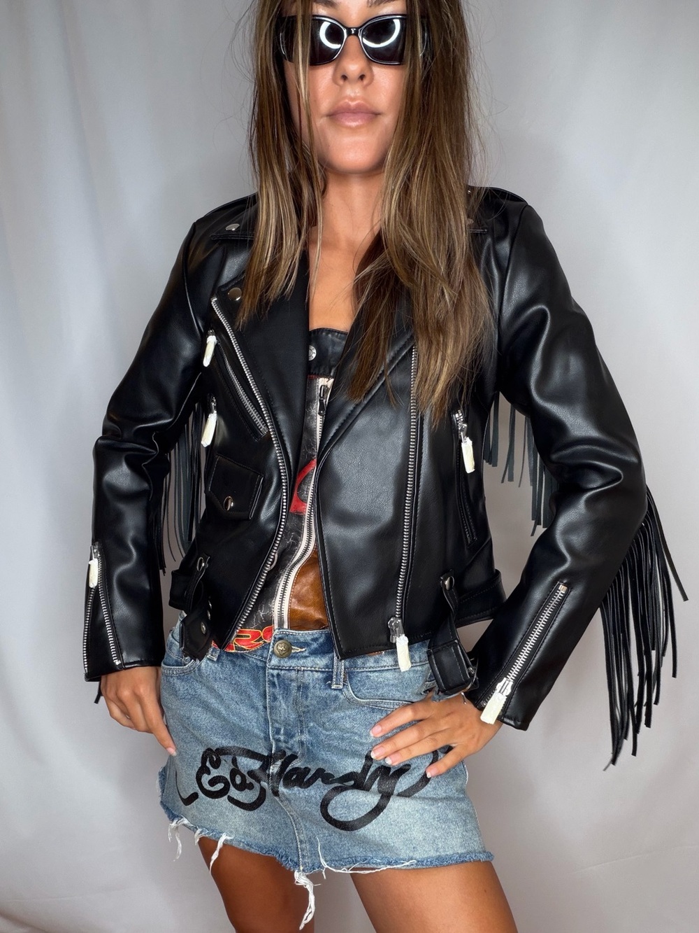 Fringe Black Fringe Faux Moto Leather Jacket with Asymmetric Zips